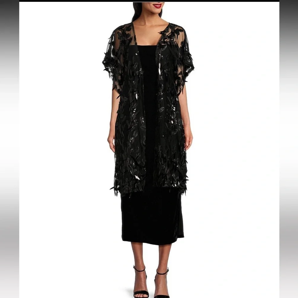 Cezanne black sequin feather Ruana Shawl cover up jacket one size